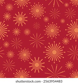 Seamless pattern of gold fireworks in luxury red background. abstract shapes and bursts evoke celebrations and elegance, perfect for festive themes, event designs, or premium product packaging