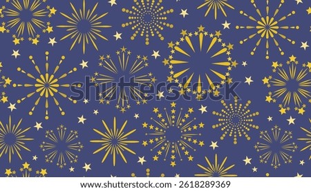 Seamless pattern with gold fireworks in the sky. Colorful background for Independence Day or other celebrations.
