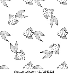 Patrón sin foco con peces dorados. Ilustración vectorial dibujada a mano en blanco y negro. El fondo es impecable. Diseño de fondo de escritorio. Diseño de tela. Simple patrón vectorial con peces adorables de oro.