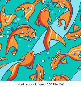 Seamless pattern of gold fishes in water. Maritime background