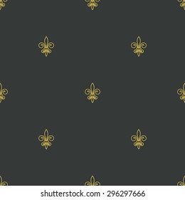 Seamless pattern of gold fleur-de-lis on a gray background. For wallpaper, tiles and fabric design. Floral elegant fleur-de-lis royal gold lily pattern in antique style motif. Vector