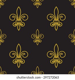 Seamless pattern of gold fleur-de-lis on a gray background. For wallpaper, tiles and fabric design. Floral elegant fleur-de-lis royal gold lily pattern in antique style motif. Vector