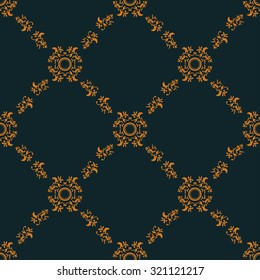 Seamless pattern of gold floral baroque ornament on dark  background.