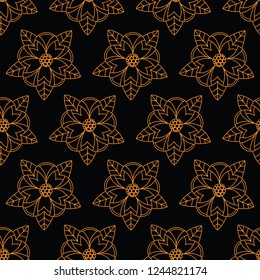 Seamless pattern with gold flowers. Art deco. Black background.