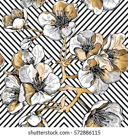 Seamless pattern with gold flowers cherry on a black geometric background. Vector illustration.