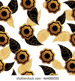 Seamless pattern with gold flowers and leafs on white background. Vector illustration.