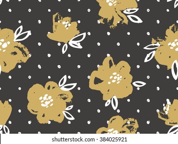 Seamless pattern with gold flowers on the dark polka dot background.Vector Floral background.