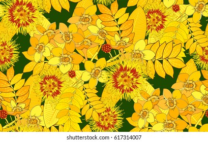 Seamless pattern with gold flowers and yellow leaves on green background.