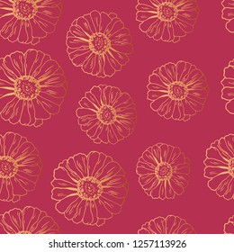 Seamless pattern with gold flowers zinnia, camomile for textile, bedlinen, pillow, undergarment, wallpaper.