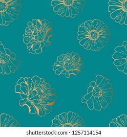 Seamless pattern with gold flowers zinnia, camomile for textile, bedlinen, pillow, undergarment, wallpaper.