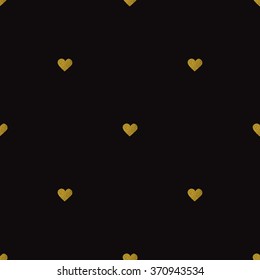 Seamless pattern with gold foil hearts on black background.