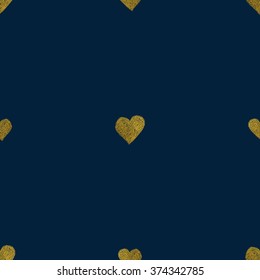 Seamless pattern with gold foil hearts on black background.
