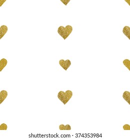Seamless pattern with gold foil hearts on white background.