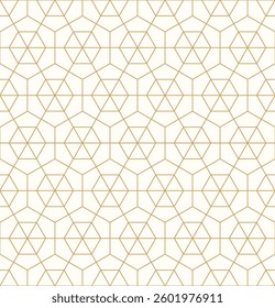 Seamless pattern of gold geometric shapes, including triangles and hexagons, on a soft cream background, creating a structured and elegant design. Vector illustration.