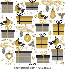 seamless pattern with gold gifts and bird - vector illustration, eps
