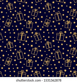 Seamless pattern. Gold gifts with stars. Background