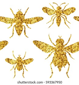 Seamless pattern with a gold glitter bee insects on a white background. Vector illustration.