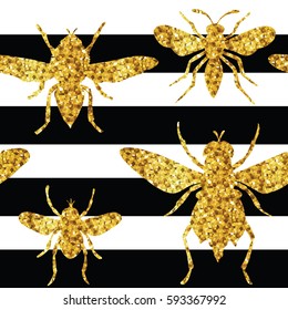 Seamless pattern with a gold glitter bee insects on a black and white striped background. Vector illustration.