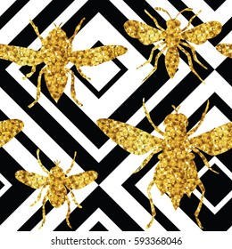Seamless pattern with a gold glitter bee insects on a black and white Geometry background. Vector illustration.