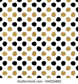 Seamless pattern of gold glitter and black polka dots, hand drawn background of golden circle, vector pattern for flyer, wedding card, invitation, holiday, wrapping, textile, web design