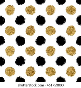 Seamless pattern of gold glitter and black polka dots, hand painted background of golden and black circle, vector design for flyer, wedding card, invitation, holiday, wrapping, textile, web