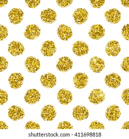 Seamless pattern of gold glitter circles, background of golden polka dot, abstract vector design for textile, wrapping, card, invitation, wallpaper, web, wedding, party, birthday