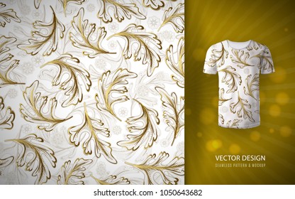 Seamless pattern gold glitter floral elements. Decoration elements for design invitation, textile, wedding cards, valentines day, greeting cards