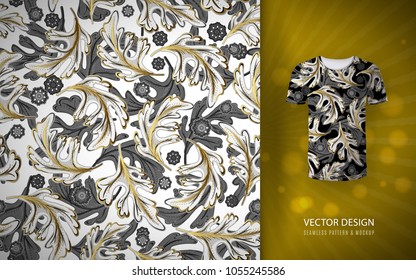 Seamless pattern gold glitter floral elements. Decoration elements for design invitation, textile, wedding cards, valentines day, greeting cards