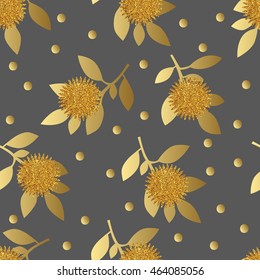 Seamless pattern with gold glitter flowers and leafs on gray background. Vector illustration.