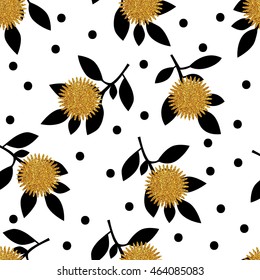 Seamless pattern with gold glitter flowers and leafs on white background. Vector illustration.