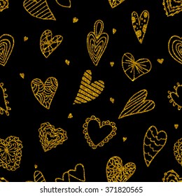 Seamless pattern with gold glitter hearts on black background