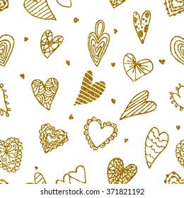 Seamless pattern with gold glitter hearts on white background