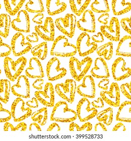 Seamless pattern of gold glitter hearts, golden heart background, vector illustration, design for card, women's day, mother's day, wedding, birthday, textile, web, wallpaper, paper