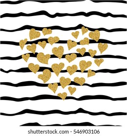 Seamless pattern with gold glitter hearts on striped background. Hand painted template for invitation, card, paper, wrapping, textile. Grunge style.