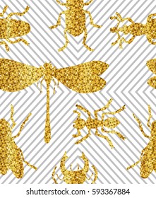 Seamless pattern with a gold glitter insects on a Geometry background. Vector illustration.