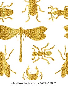 Seamless pattern with a gold glitter insects on a white background. Vector illustration.