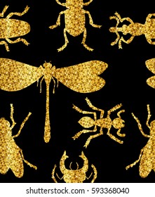 Seamless pattern with a gold glitter insects on a black background. Vector illustration.