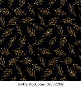 Seamless pattern of gold glitter leaves, golden shiny herb background, design for greeting card, mother's day, wedding, birthday, textile, web, wallpaper, wrapping, print, holiday, invitation