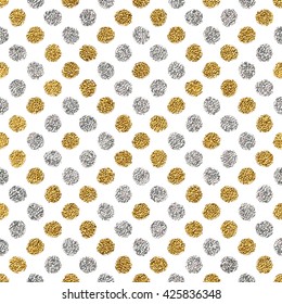 Seamless pattern of gold glitter and silver polka dots, hand drawn background of golden and silvern circle, vector pattern for flyer, wedding card, invitation, holiday, wrapping, textile, web design