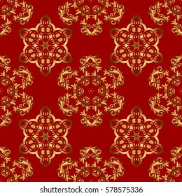 Seamless pattern of gold glitter stripes, zigzag chevron, wavy stripe, seamless texture golden lines on red. Hand drawn vector pattern for cards, invitation, wedding, wrapping paper.