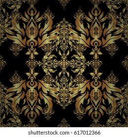 Seamless pattern of gold glitter stripes, zigzag chevron, wavy stripe, seamless texture golden lines on black. Hand drawn vector pattern for cards, invitation, wedding, wrapping paper.
