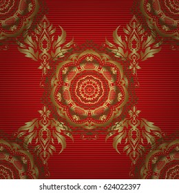 Seamless pattern of gold glitter stripes, zigzag chevron, wavy stripe, seamless texture golden lines on red. Hand drawn vector pattern for cards, invitation, wedding, wrapping paper.