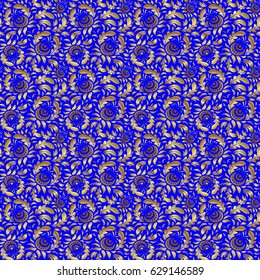 Seamless pattern of gold glitter stripes, zigzag chevron, wavy stripe, seamless texture golden lines on blue. Hand drawn vector pattern for cards, invitation, wedding, wrapping paper.