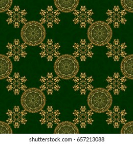 Seamless pattern of gold glitter stripes, zigzag chevron, wavy stripe, seamless texture golden lines on green. Hand drawn vector pattern for cards, invitation, wedding, wrapping paper.