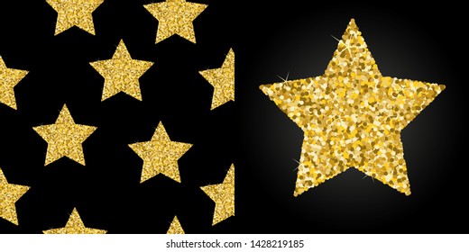Seamless pattern with gold glitter textured stars on the black background. Bright shiny star on a black background vector illustration.