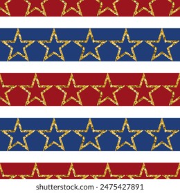 Seamless pattern with gold glitter textured stars on white, red and blue striped background. For cards, banners, posters, flyer, party invitation, packaging, wrapping paper and fabric design