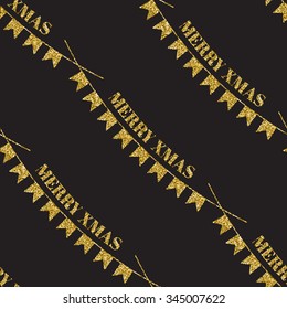 Seamless pattern with gold glitter textured Xmas garland on the black background.