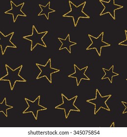 Seamless pattern with gold glitter textured stars on the black background.