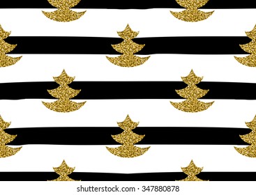 Seamless pattern with gold glitter textured spruces on the striped background.