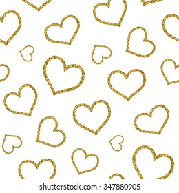 Seamless pattern with gold glitter textured hearts on the white background.